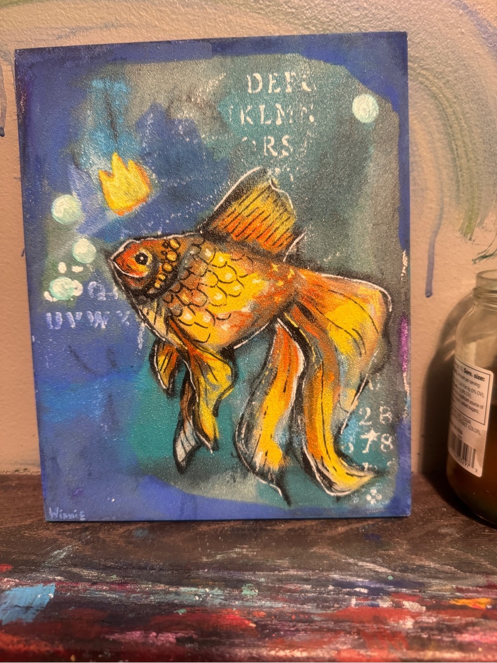 Original Mixed Media Fancy Goldfish Painting 8x10 Wood Canvas Art - Picture 3 of 6